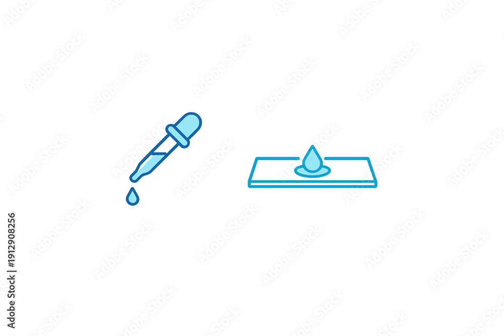 Obraz premium A blue illustration of a laboratory pipette and a microscope slide with a liquid droplet on a black background, representing scientific research and medical testing procedures.