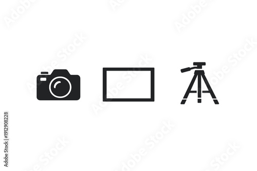 A minimalist set of black icons featuring a digital camera, a rectangular frame, and a tripod on a white background. These symbols represent photography and videography equipment.