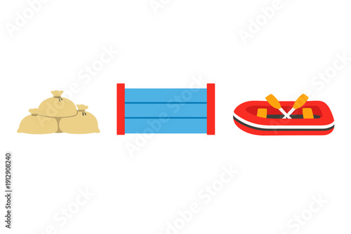A flat vector illustration featuring three distinct items: a pile of tan sandbags, a blue crate with red supports, and a red inflatable raft with yellow oars on a black background.