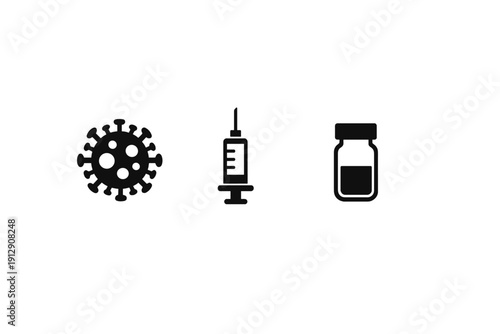 A minimalist black and white illustration featuring three icons: a virus cell, a medical syringe, and a vaccine vial, representing healthcare, immunization, and pandemic prevention.