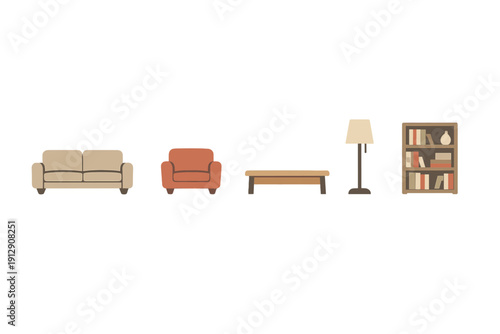 A flat vector illustration featuring a beige sofa, an orange armchair, a wooden coffee table, a floor lamp, and a bookshelf with books against a solid black background.