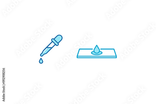 A blue illustration of a laboratory pipette and a microscope slide with a liquid droplet on a black background, representing scientific research and medical testing procedures.