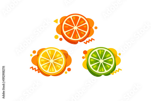 A flat vector illustration featuring three stylized citrus fruit slices including an orange, a lemon, and a lime, arranged on a black background with colorful decorative elements.