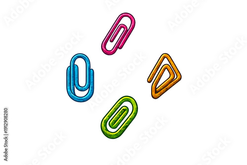 Four colorful paperclips in pink, blue, green, and orange are arranged in a circular formation against a solid black background. The clips have a textured, glowing appearance.