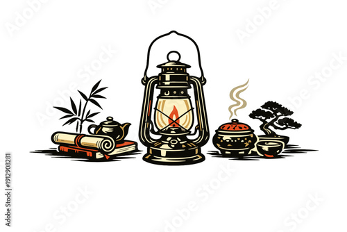 A stylized illustration featuring a glowing lantern surrounded by traditional items like a scroll, books, a teapot, an incense burner, and a small bonsai tree on a black background.