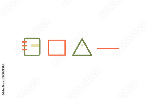 A minimalist illustration featuring four simple geometric and functional icons, including a notebook, a square, a triangle, and a horizontal line, set against a solid black background.
