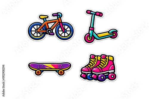 A set of four vibrant cartoon stickers featuring a bicycle, a kick scooter, a skateboard, and roller skates. The colorful illustrations are set against a solid black background.