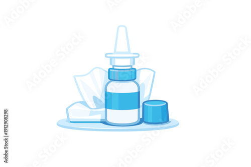 This vector illustration features a blue nasal spray bottle with a nozzle, an open cap, and crumpled tissues, representing cold and allergy relief on a dark background.