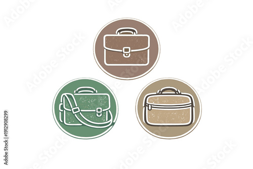 Three circular icons featuring different bag styles including a briefcase, messenger bag, and travel bag in muted green and brown tones with a textured finish on a black background.