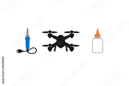 A minimalist illustration featuring a blue soldering iron, a black quadcopter drone, and a white glue bottle with an orange cap, all arranged horizontally on a solid black background.