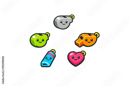A collection of five colorful cartoon characters including whistles and a heart, each featuring a cute smiley face and a keychain ring, set against a solid black background.