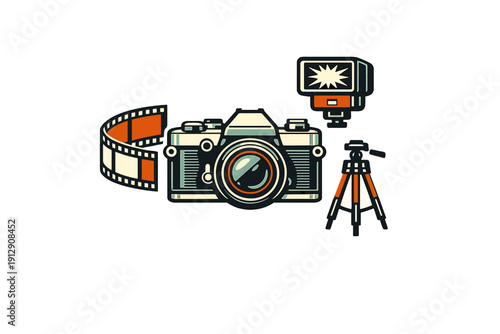 A vintage film camera illustration surrounded by a roll of film, an external flash unit, and a small tripod. The graphic design uses a retro color palette on a black background.