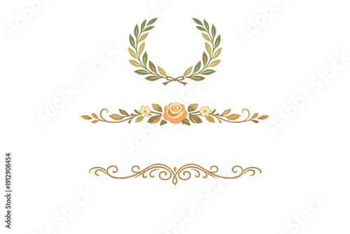 A collection of three decorative elements including a green laurel wreath, a floral divider with a peach rose, and a golden ornamental scroll flourish on a black background.