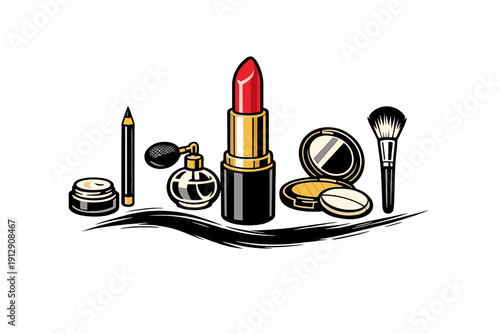 This illustration features a collection of beauty essentials like red lipstick, a perfume bottle, face powder, and a makeup brush set against a solid black background.