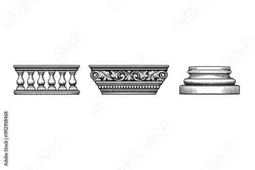 A set of three classical architectural elements including a balustrade, a decorative capital with acanthus leaf carvings, and a column base, presented in a vintage engraved style on black.