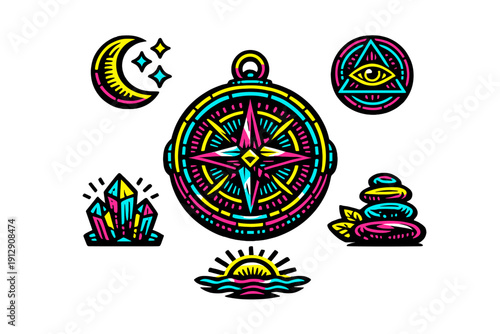A collection of vibrant neon mystical symbols including a compass, crescent moon, all-seeing eye, crystals, zen stones, and a rising sun set against a solid black background.