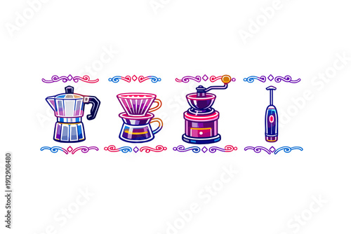 Four neon-style coffee brewing icons including a moka pot, pour-over set, manual grinder, and milk frother are set against a black background with decorative borders.
