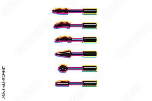 This graphic illustration features six distinct mascara applicator brushes with vibrant neon outlines on a dark background, showcasing various shapes for cosmetic application.