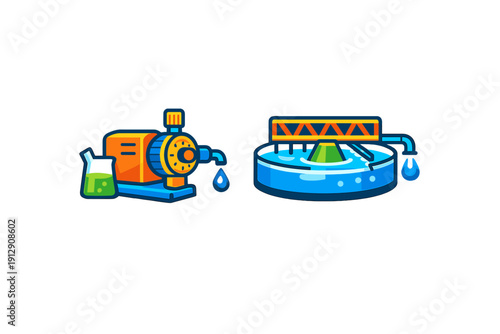 This vector illustration shows industrial water purification components including a chemical dosing pump with a beaker and a large circular clarifier tank for filtration.