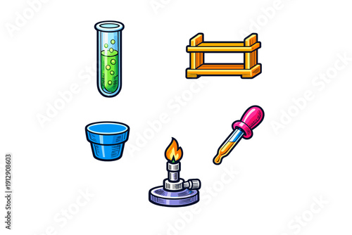 A collection of colorful laboratory equipment icons including a test tube with green liquid, a wooden rack, a blue beaker, a lit gas burner, and a dropper on a black background.