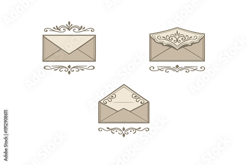 Three stylized vintage envelopes with intricate decorative flourishes. The set includes closed and open envelope designs in a classic beige and brown color palette on a dark background.