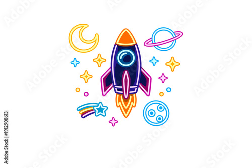 A vibrant neon illustration of a rocket ship launching into space, surrounded by a crescent moon, a ringed planet, and glowing stars against a solid black background.