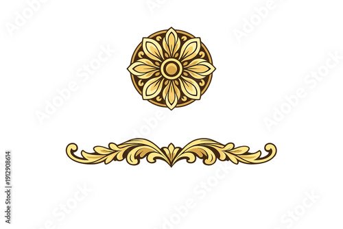 Two golden ornate decorative elements featuring a circular floral rosette and a horizontal scrollwork border with acanthus leaf motifs isolated on a solid black background.