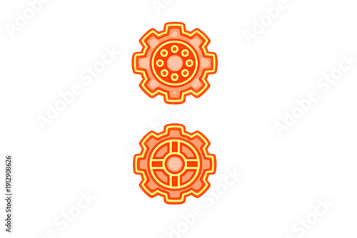 Two glowing orange and red gear icons are displayed vertically against a solid black background. The mechanical symbols feature neon outlines and intricate internal patterns.
