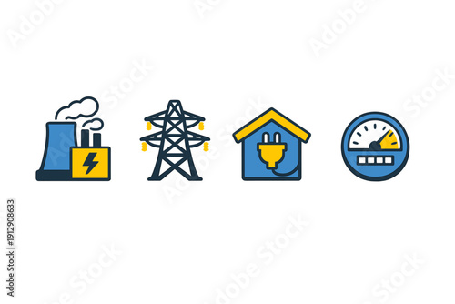 A set of four flat icons representing the electricity supply chain, including a power plant, transmission tower, residential home with a plug, and a digital utility meter.