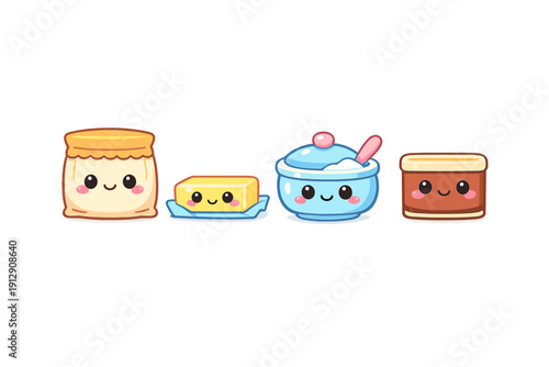 Four cute cartoon baking ingredients including flour, butter, sugar, and cocoa powder are arranged in a row. Each character has a happy face and is set against a solid black background.