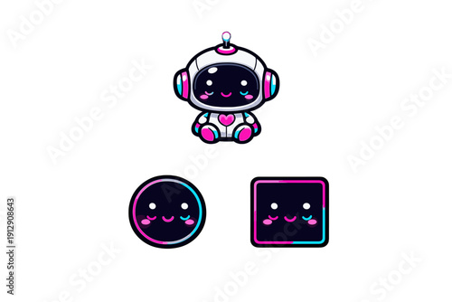 A cute white robot with pink and blue accents sits above a glowing circle and square. All three characters feature friendly faces with large eyes and smiles on a black background.