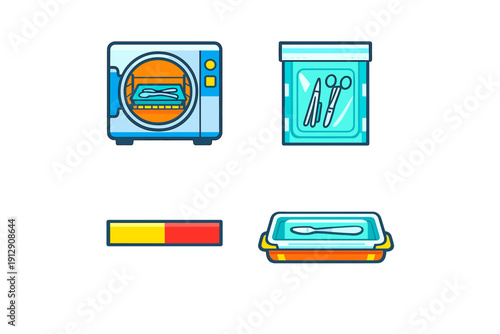 A set of four flat vector icons illustrating medical sterilization processes, including an autoclave machine, a pouch with surgical tools, an indicator strip, and a sterile instrument tray.