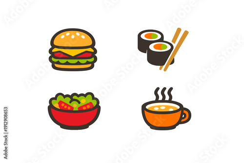 A set of four colorful food icons featuring a hamburger, sushi rolls with chopsticks, a fresh salad bowl, and a steaming cup of soup, all presented on a solid black background.