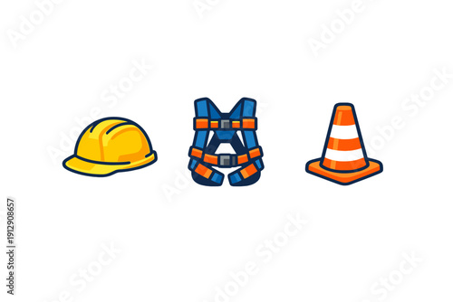 A set of three construction safety icons featuring a yellow hard hat, a blue and orange safety harness, and an orange traffic cone, all isolated on a solid black background.