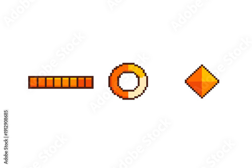 A collection of pixel art user interface elements including a horizontal progress bar, a circular loading ring, and a diamond icon in orange and yellow tones on a black background.