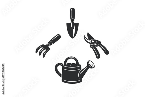 A minimalist black and white graphic displays a collection of gardening equipment including a watering can, hand trowel, pruning shears, and a rake on a plain background.