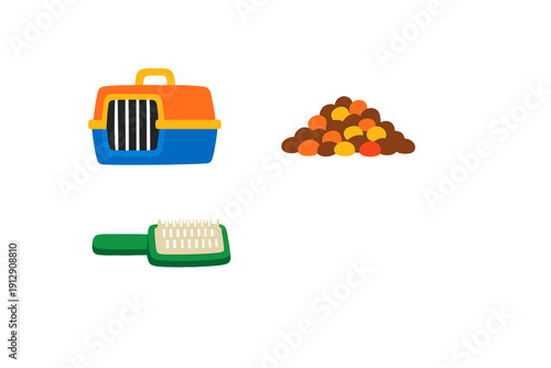 A collection of pet care items including a colorful plastic carrier, a pile of dry kibble food, and a green grooming brush, isolated on a black background.