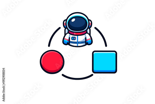 A flat vector illustration shows a cute cartoon astronaut at the top of a circular path with a red circle and a blue square. The design is set against a solid black background.