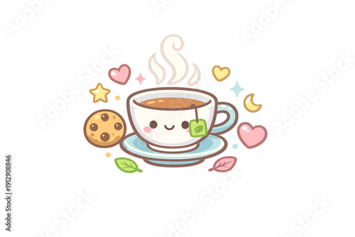 A cute kawaii illustration of a smiling teacup with a tea bag, accompanied by a chocolate chip cookie, hearts, stars, and leaves against a solid black background.