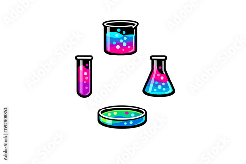 Stylized illustration of laboratory glassware including a beaker, test tube, Erlenmeyer flask, and petri dish with glowing colorful liquids against a black background.