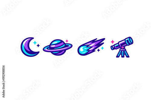 A set of four neon-colored space icons including a crescent moon, a ringed planet, a comet, and a telescope, all set against a solid black background for a vibrant look.