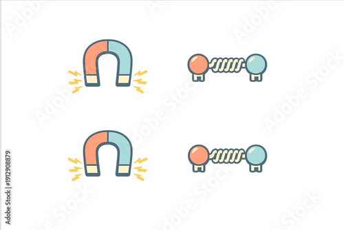 An illustration featuring two rows of scientific icons on a black background. Each row contains a horseshoe magnet with energy sparks and two spheres connected by a coiled spring.