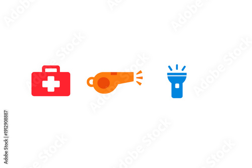 Three colorful icons representing emergency supplies are displayed on a solid black background, including a red first aid kit, an orange whistle, and a blue flashlight for safety.