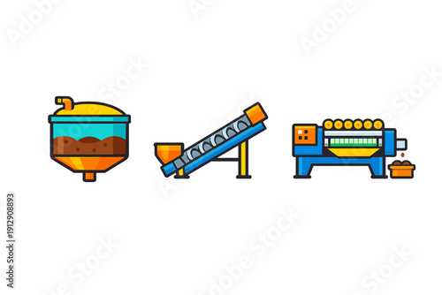 A set of three stylized industrial equipment icons featuring a hopper tank, an inclined screw conveyor, and a processing machine, all rendered in a vibrant flat design style.