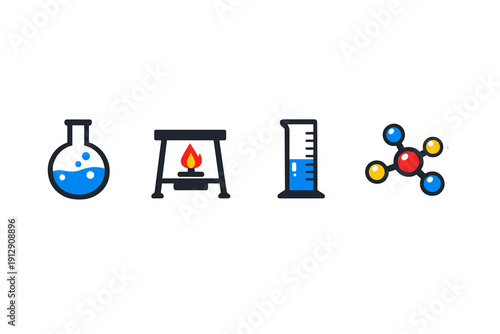 A set of four science-themed stickers featuring a round-bottom flask, a Bunsen burner with a flame, a graduated cylinder, and a colorful molecular model on a black background.