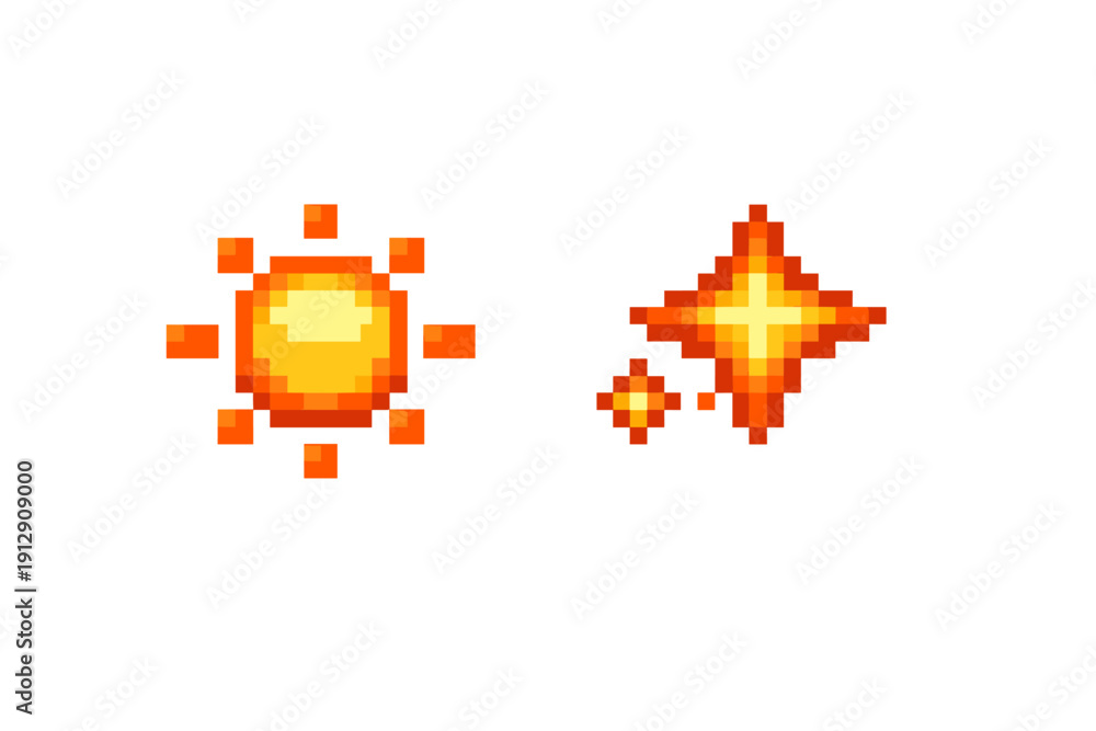 Obraz premium Pixel art illustration featuring a glowing orange sun and two bright stars against a solid black background. The celestial bodies are rendered in a retro eight-bit video game style.