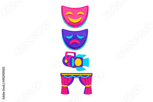 A set of four vibrant three-dimensional style theater icons including comedy and tragedy masks, a stage spotlight, and theater curtains, all isolated on a black background for a modern look.