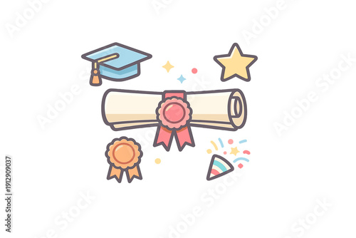 A collection of colorful graduation icons including a diploma, mortarboard, medal, star, and party popper with confetti, all set against a solid black background.