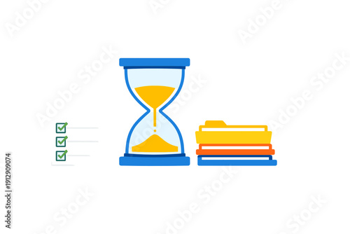 This illustration shows a checklist with green checkmarks next to a blue hourglass and a stack of colorful folders, representing time management and task organization concepts.