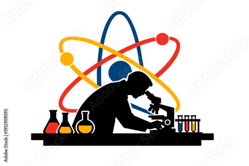 This graphic illustration shows a black silhouette of a scientist at a lab bench with beakers, set against a colorful atom symbol with red, yellow, and blue orbital paths.